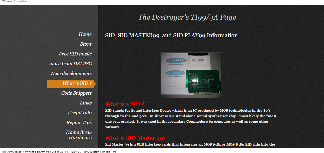 Details : The Destroyer's TI99/4A Page - SID Sound Card